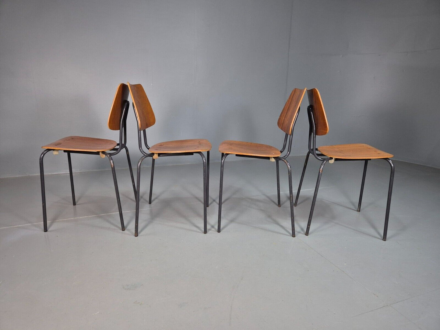 4 Vintage Danish Stacking Chairs Teak Plywood Steel Frame 1960 Retro EB8368 MSTA