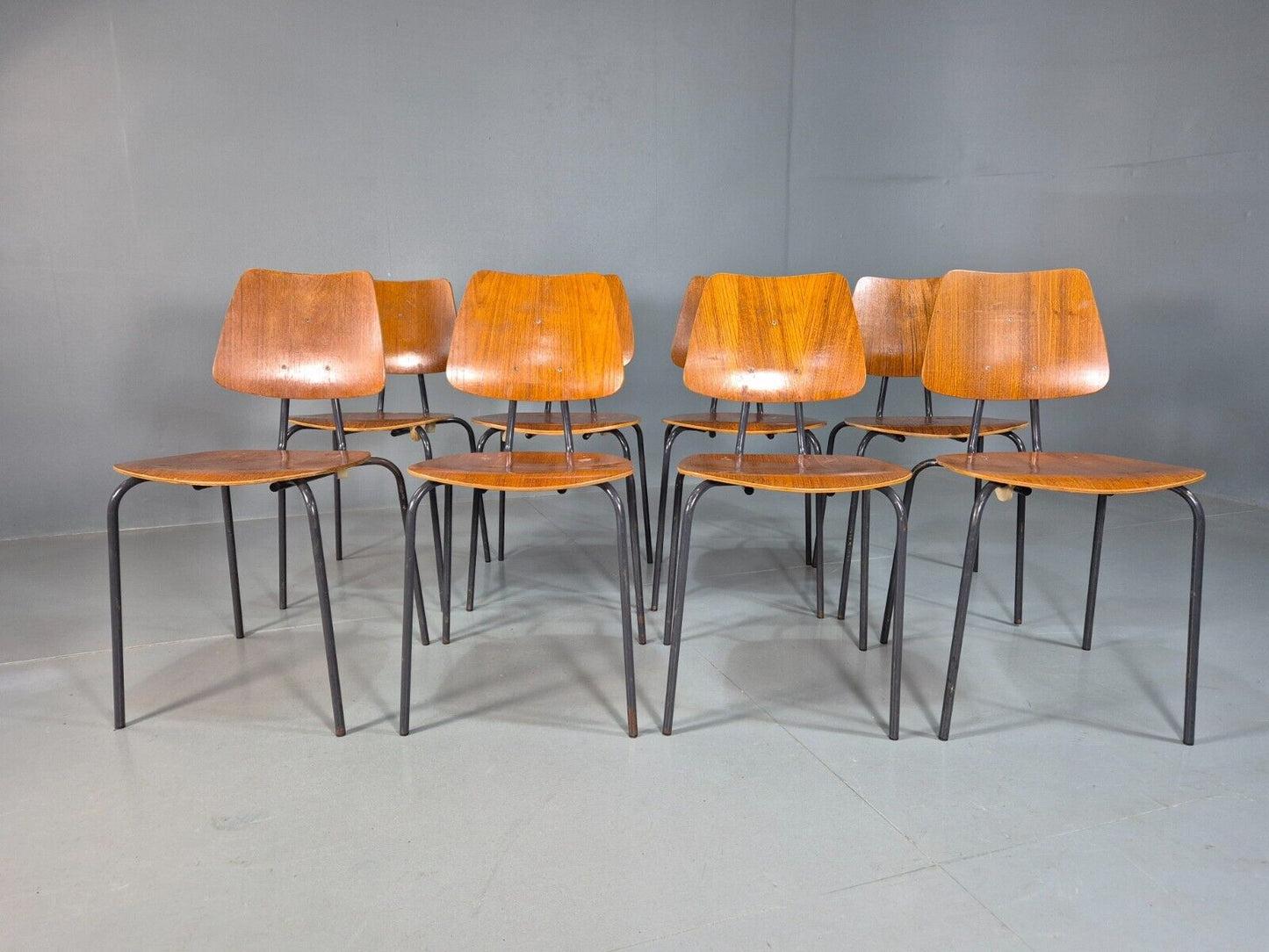 8 Vintage Danish Stacking Chairs Teak Plywood Steel Frame 1960 Retro EB8374 MSTA