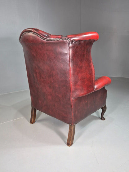 Vintage Wing Back Lounge Chair Red Leather Chesterfield Queen Anne EB7807 VCHE