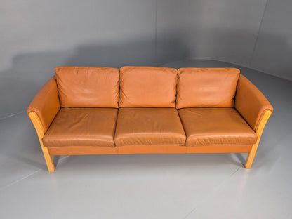 Vintage Danish 3 Seat Sofa Tan Leather Wood Frame Skippers Retro MCM EB7626 M3SS