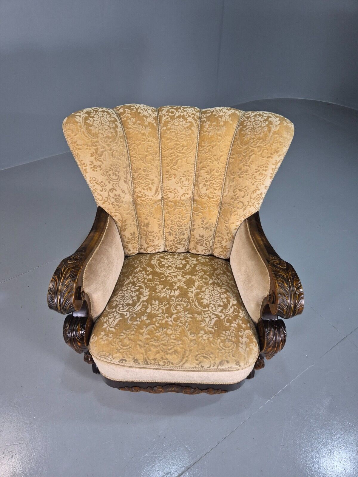 Vintage Danish Lounge Chair Beige Gold Upholstery Carved Frame 1930s EB7779 VCAR