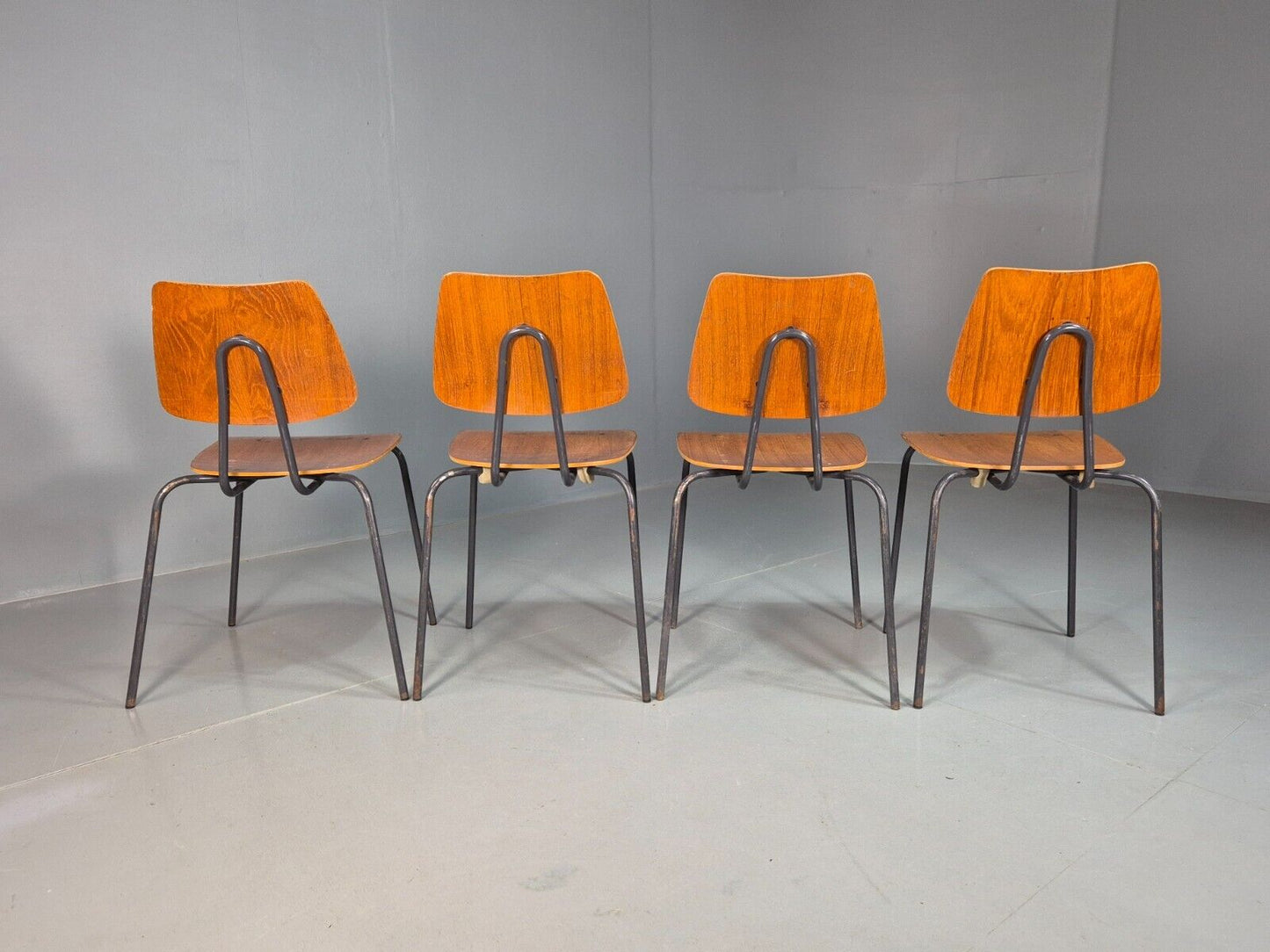 4 Vintage Danish Stacking Chairs Teak Plywood Steel Frame 1960 Retro EB8366 MSTA