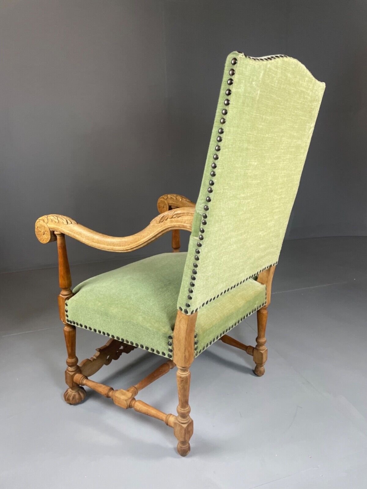 EB4649 Danish Early 20th Century Carved Oak And Green Velour Chair, Antique VCAR