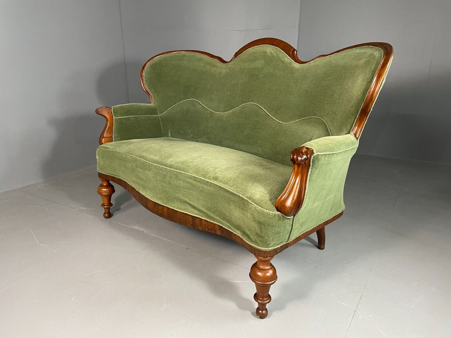 EB6969 Vintage Danish 2 Seat Sofa Mahogany Green Velour Camel Back Antique V2SS