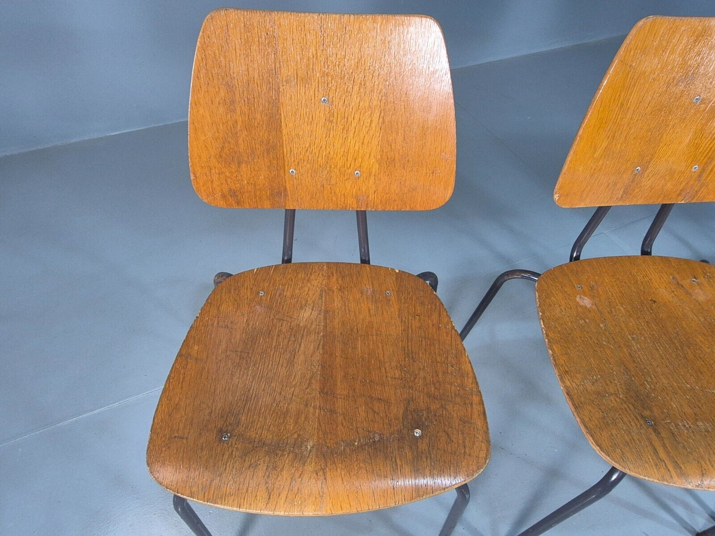 4 Vintage Danish Stacking Chairs Oak Plywood Steel Frame 1960s Retro EB8381 MSTA