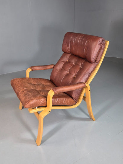 EB7410 Vintage Danish Lounge Chair Leather Bentwood Retro MCM MBEN