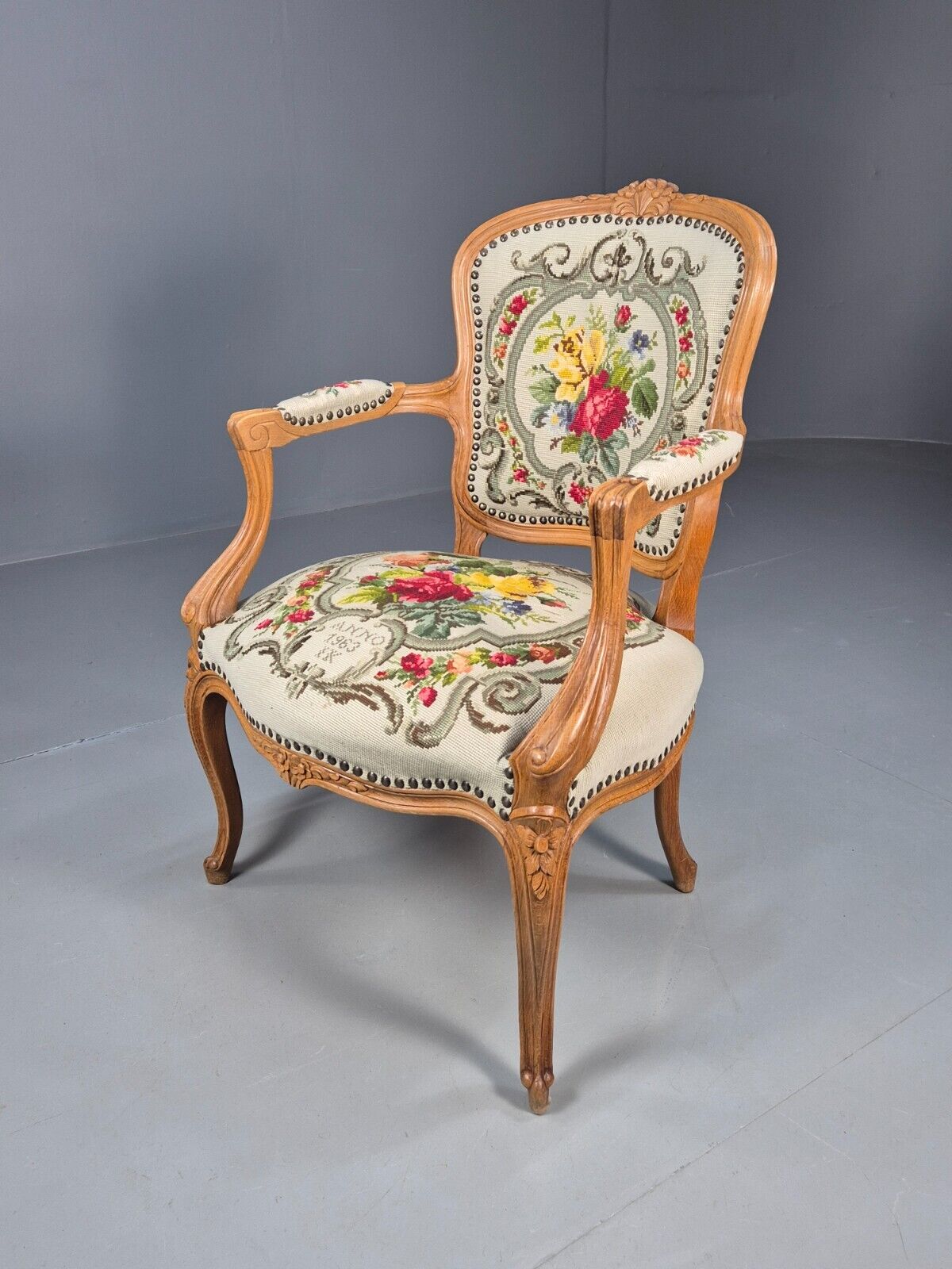 Vintage Danish Fauteuil Chair Embroidery French Antique Style 1963 EB8082 VCAR