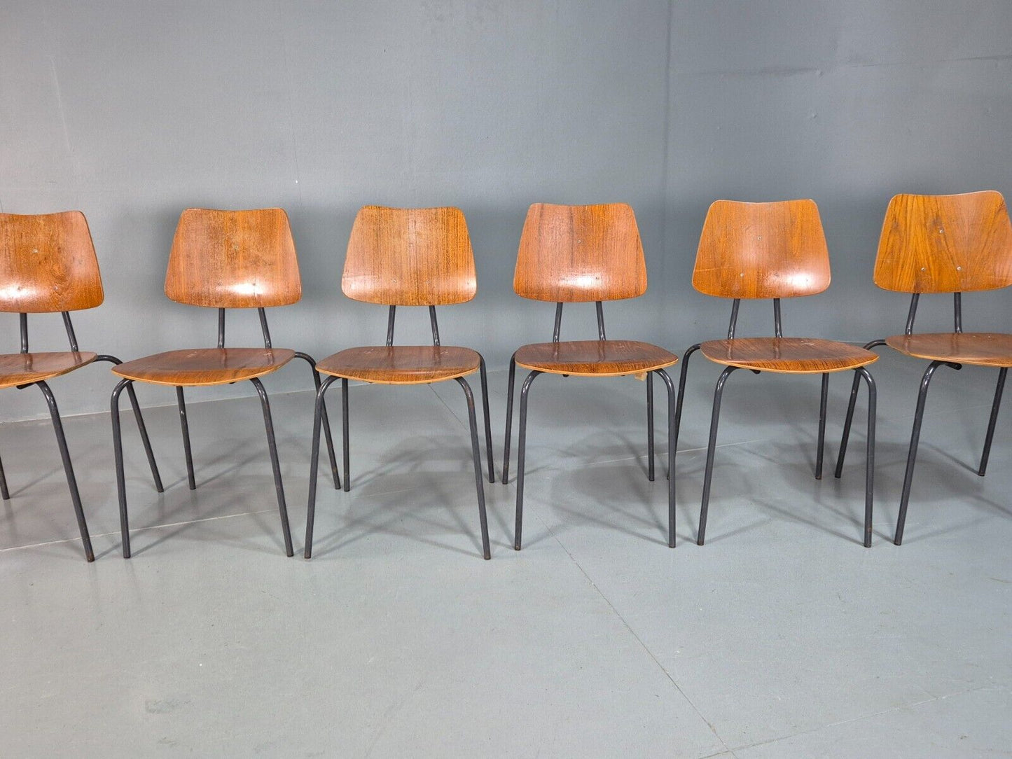 6 Vintage Danish Stacking Chairs Teak Plywood Steel Frame 1960 Retro EB8370 MSTA