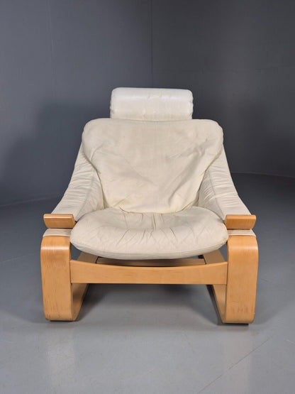 Vintage Swedish Lounge Chair Cream Leather Bentwood Krokken 1970s EB8750 MBEN