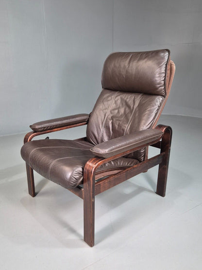 EB7576 Vintage Danish Lounge Chair Brown Leather Recline MCM Retro 1980s MBEN