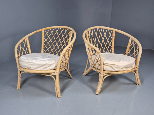 2 Vintage Lounge Chairs Bamboo Cane work Tub Chairs 1980s Retro EB8693 MBEN