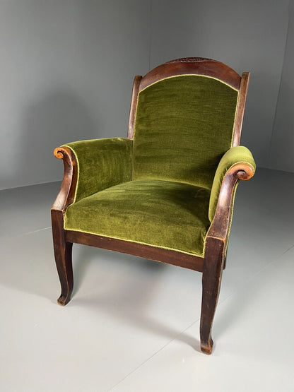 EB6469 Antique Danish Armchair Green Velour Stained Oak Vintage VCLO