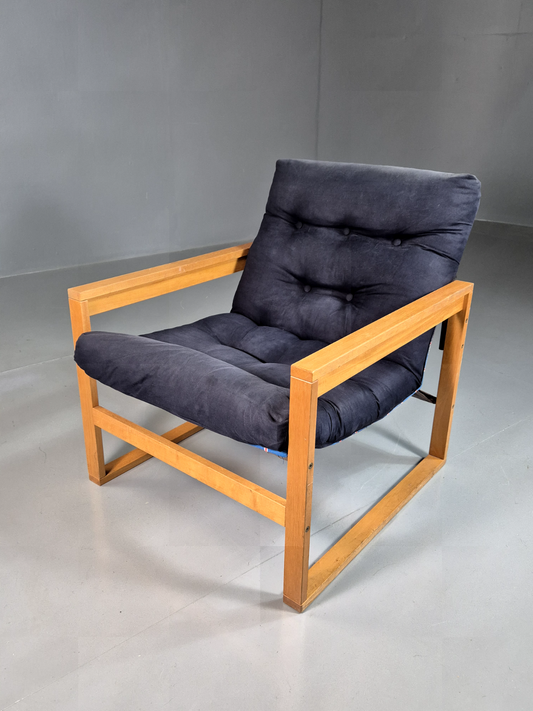 EB7331 Vintage Swedish Lounge Chair Denim Upholstery Beech Frame Retro MCM MNOR