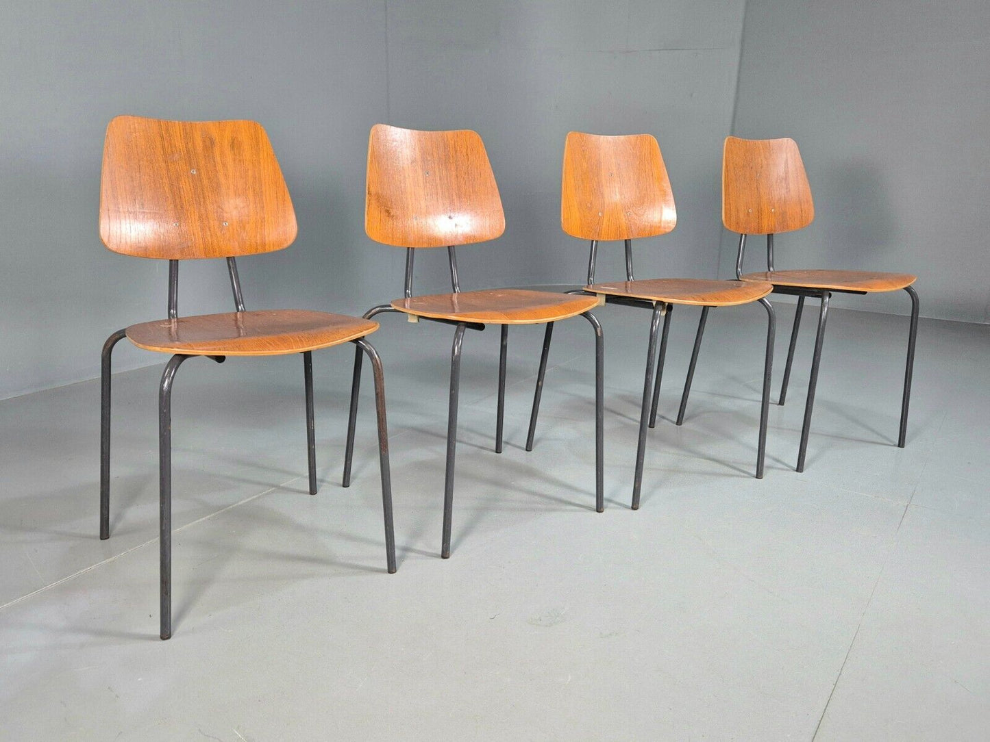 4 Vintage Danish Stacking Chairs Teak Plywood Steel Frame 1960 Retro EB8376 MSTA