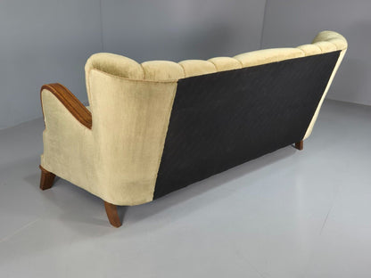 Vintage Danish 3 Seat Sofa Green Velour Oak Detail Art Deco 1930s EB7828 M3SS