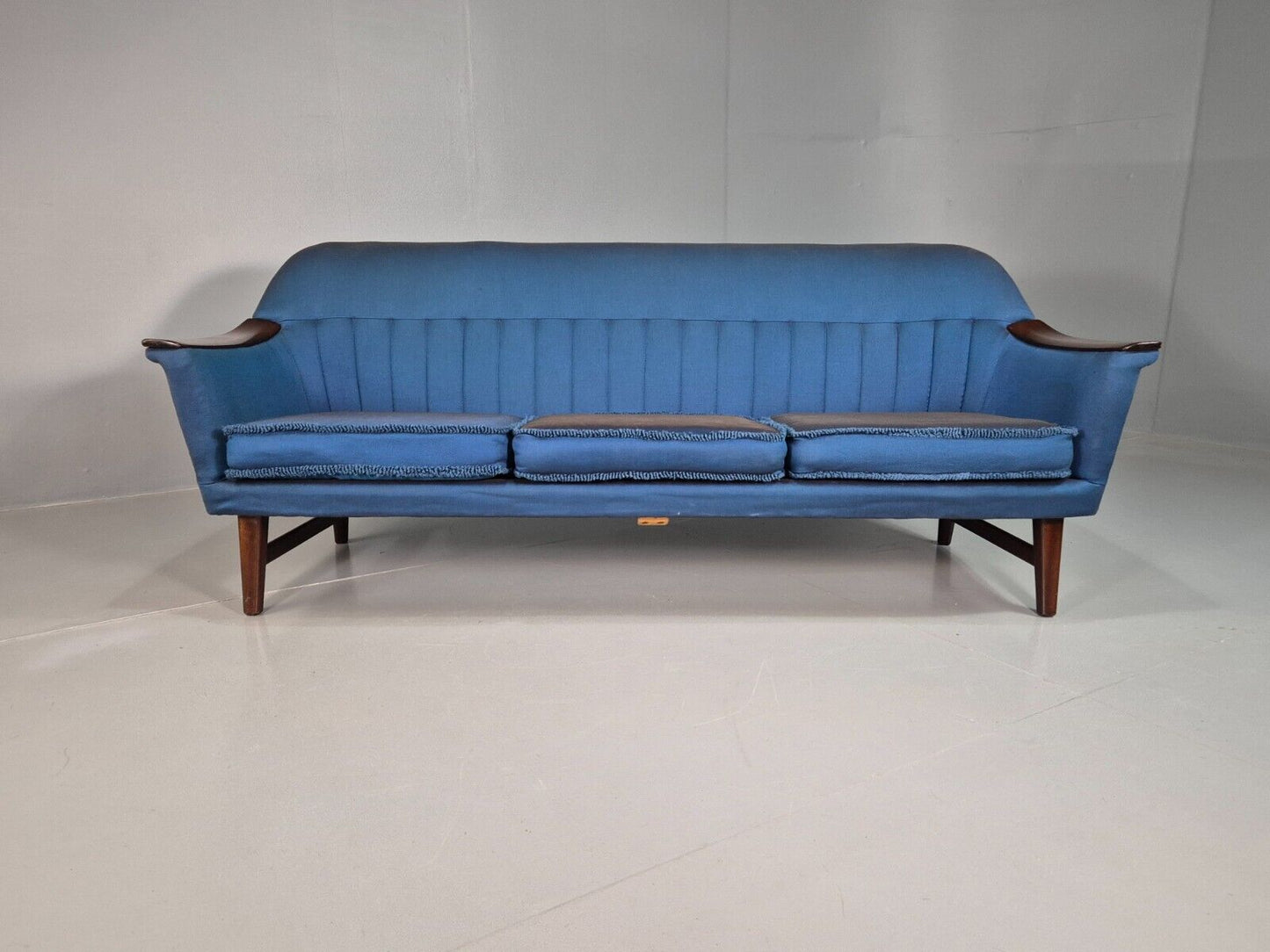 Vintage Swedish 3 Seat Sofa Blue Cotton Wood Arms 1960 Retro MCM EB7594 M3SS