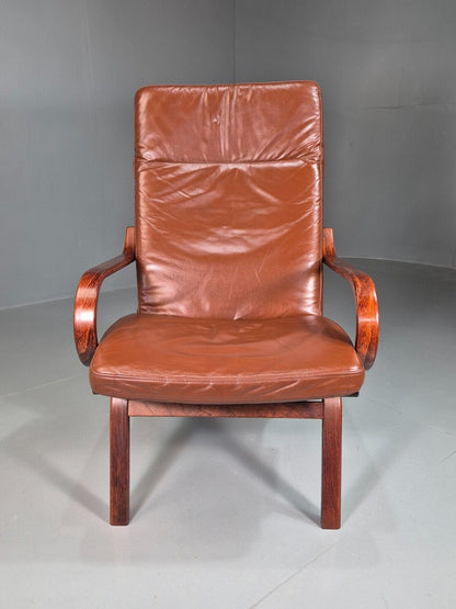 EB7485 Vintage Danish Lounge Chair Brown Leather Bentwood Retro 1980s MBEN