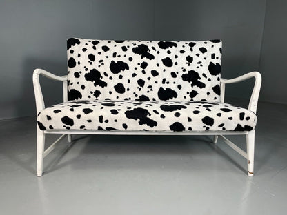 EB6448 Vintage 2 Seat Danish Sofa Painted White Cow Print Cover Retro MCM M2SS