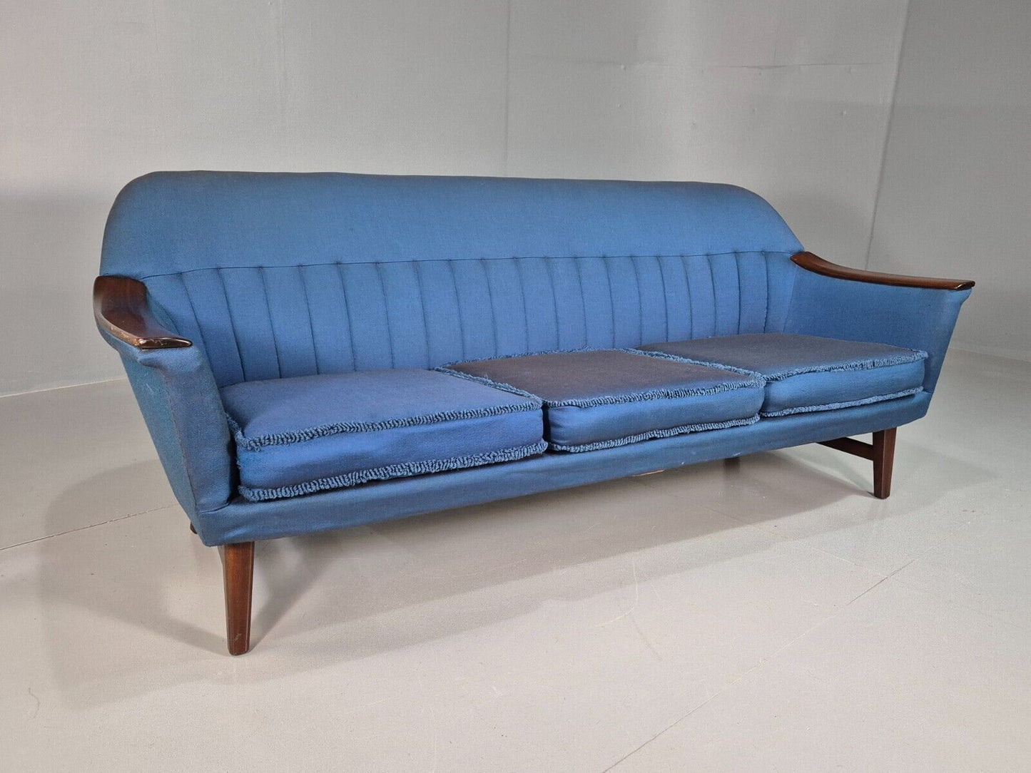 Vintage Swedish 3 Seat Sofa Blue Cotton Wood Arms 1960 Retro MCM EB7594 M3SS