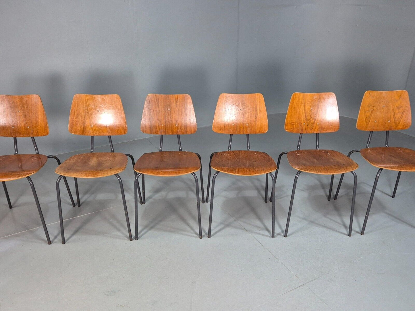 6 Vintage Danish Stacking Chairs Teak Plywood Steel Frame 1960 Retro EB8369 MSTA