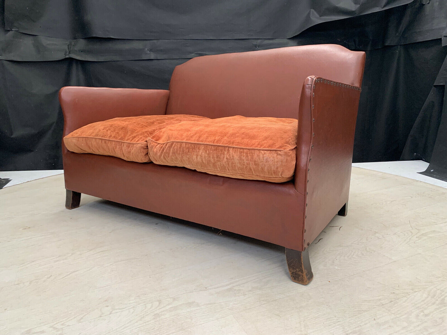 EB2609 1930s Brown Vinyl & Orange Velour Two Seater Sofa Mid-Century Modern M2SS