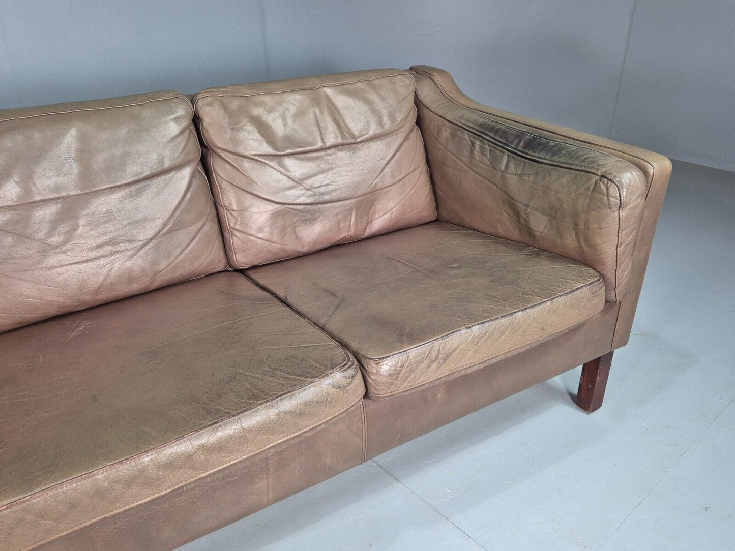 Vintage Danish 3 Seat Sofa Brown Leather Mogensen Style 1970s Retro EB8201 M3SS