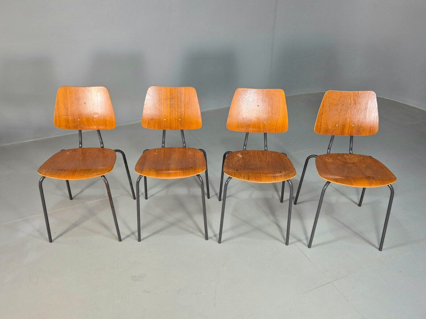 4 Vintage Danish Stacking Chairs Teak Plywood Steel Frame 1960 Retro EB8376 MSTA