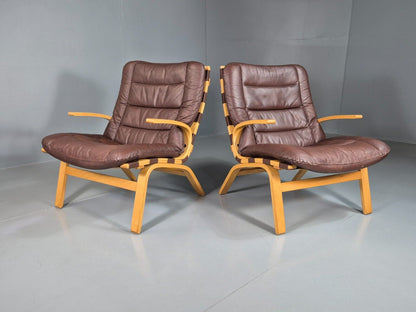 EB7572 2 Vintage Danish Lounge Chairs Leather Bentwood Farstrup Retro MCM MBEN