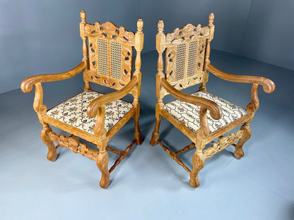 EB5172 2 Vintage Danish Carved Oak Elbow Chairs. Carolean Style, Antique VCAR