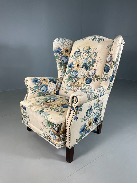 EB6973 Vintage Danish Wingback Lounge Chair Floral Cotton Retro 1960s MNOR