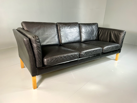 EB6355 Vintage Danish 3 Seat Sofa Black Leather Retro Mid Century Modern M3SS