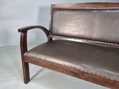 Vintage Danish Art Deco Style Leather Mahogany 2 Seat Sofa EB8045 V2SS