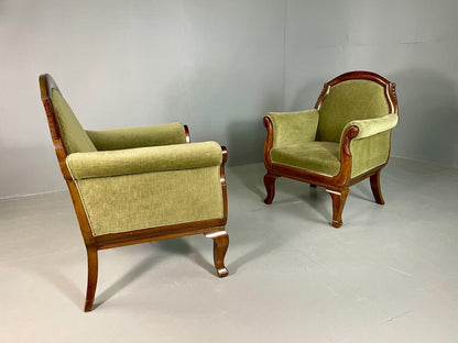 EB6659 2 Vintage Danish Lounge Chairs Green Velour Mahogany Antique Empire VCLO