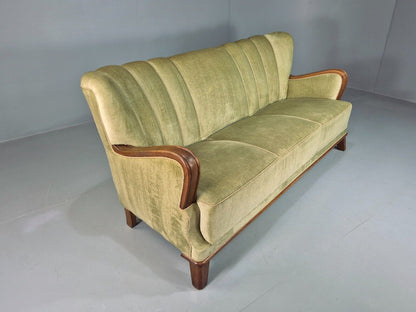 Vintage Danish 3 Seat Sofa Green Velour Oak Detail Art Deco 1930s EB7828 M3SS