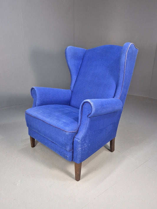 Vintage Danish Wingback Lounge Chair Blue Wool 1960s EB8468 VCLO