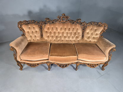 EB7115 Vintage French Antique Style 3 Seat Sofa Carved Frame Peach Velour V3SS