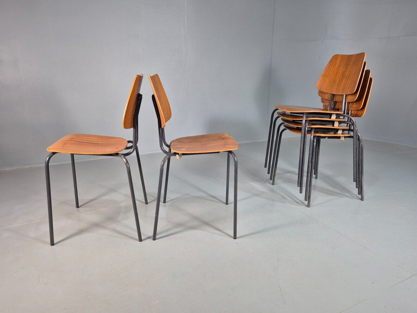 6 Vintage Danish Stacking Chairs Teak Plywood Steel Frame 1960 Retro EB8379 MSTA