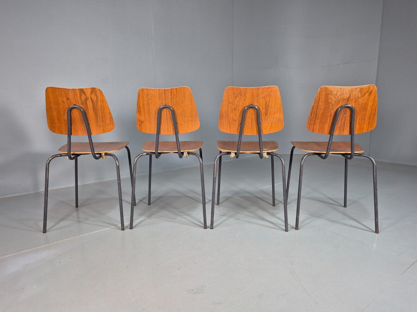 4 Vintage Danish Stacking Chairs Teak Plywood Steel Frame 1960 Retro EB8376 MSTA