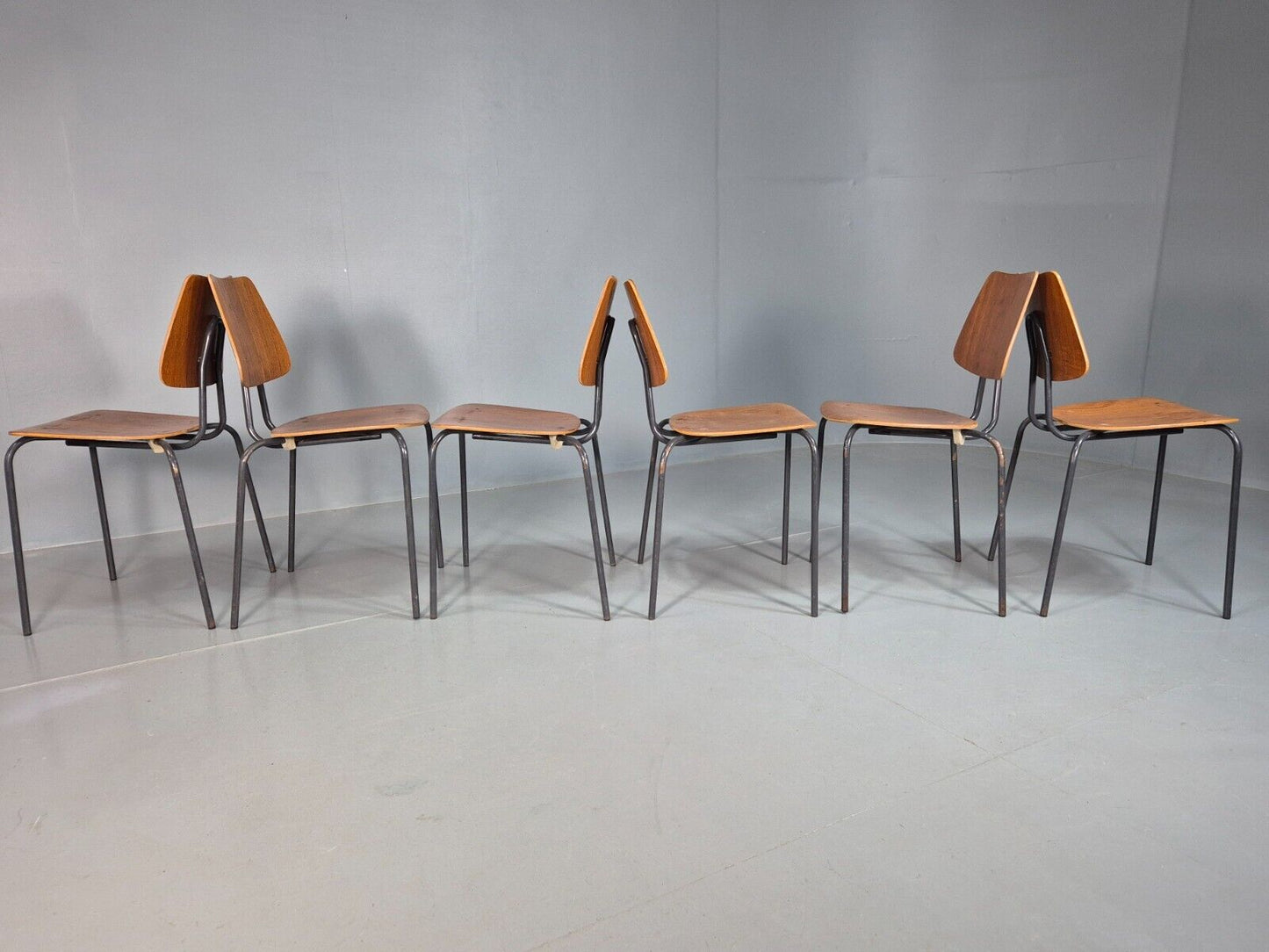 6 Vintage Danish Stacking Chairs Teak Plywood Steel Frame 1960 Retro EB8371 MSTA