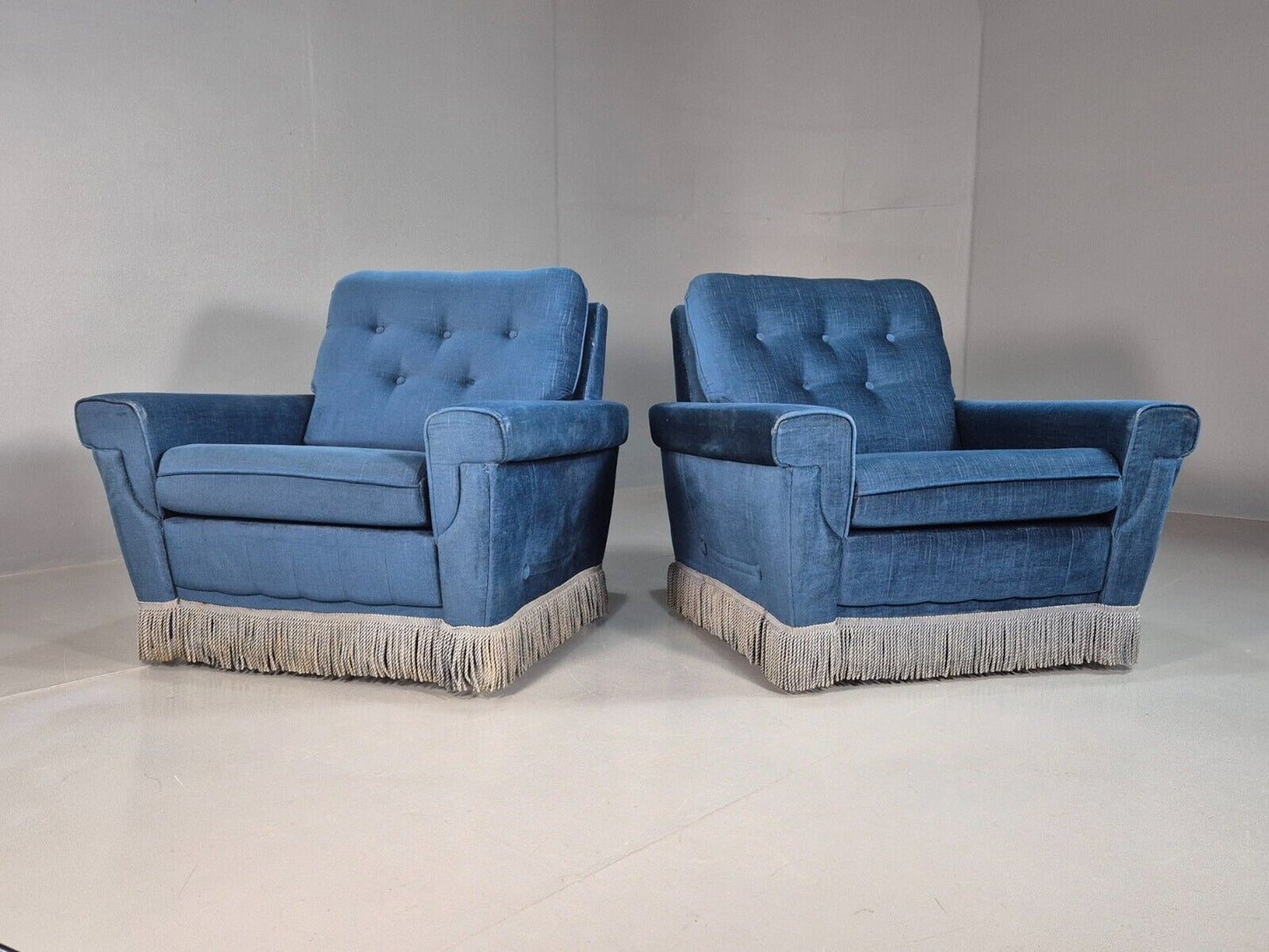 Pair Vintand Danish Blue Velour Armchairs Tassels Chrome Retro EB8021 MNOR