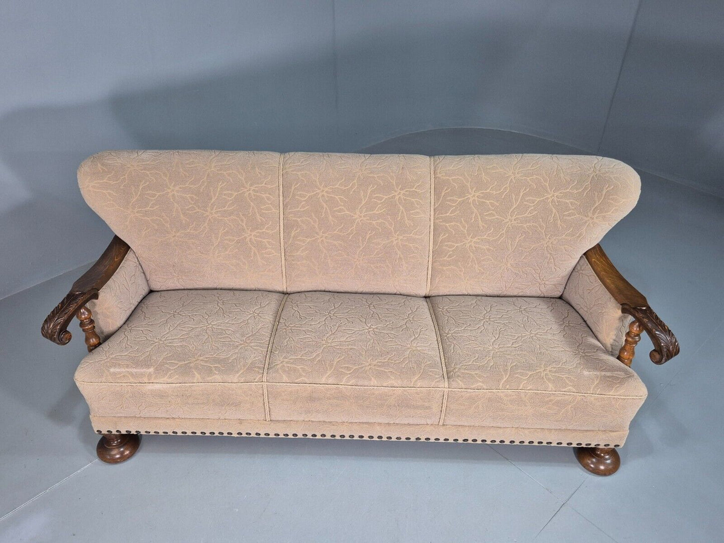 Vintage Danish 3 Seat Sofa Cream Moquette Oak Frame 1930s Antique EB7793 M3SS