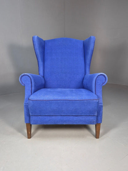 Vintage Danish Wingback Lounge Chair Blue Wool 1960s EB8468 VCLO