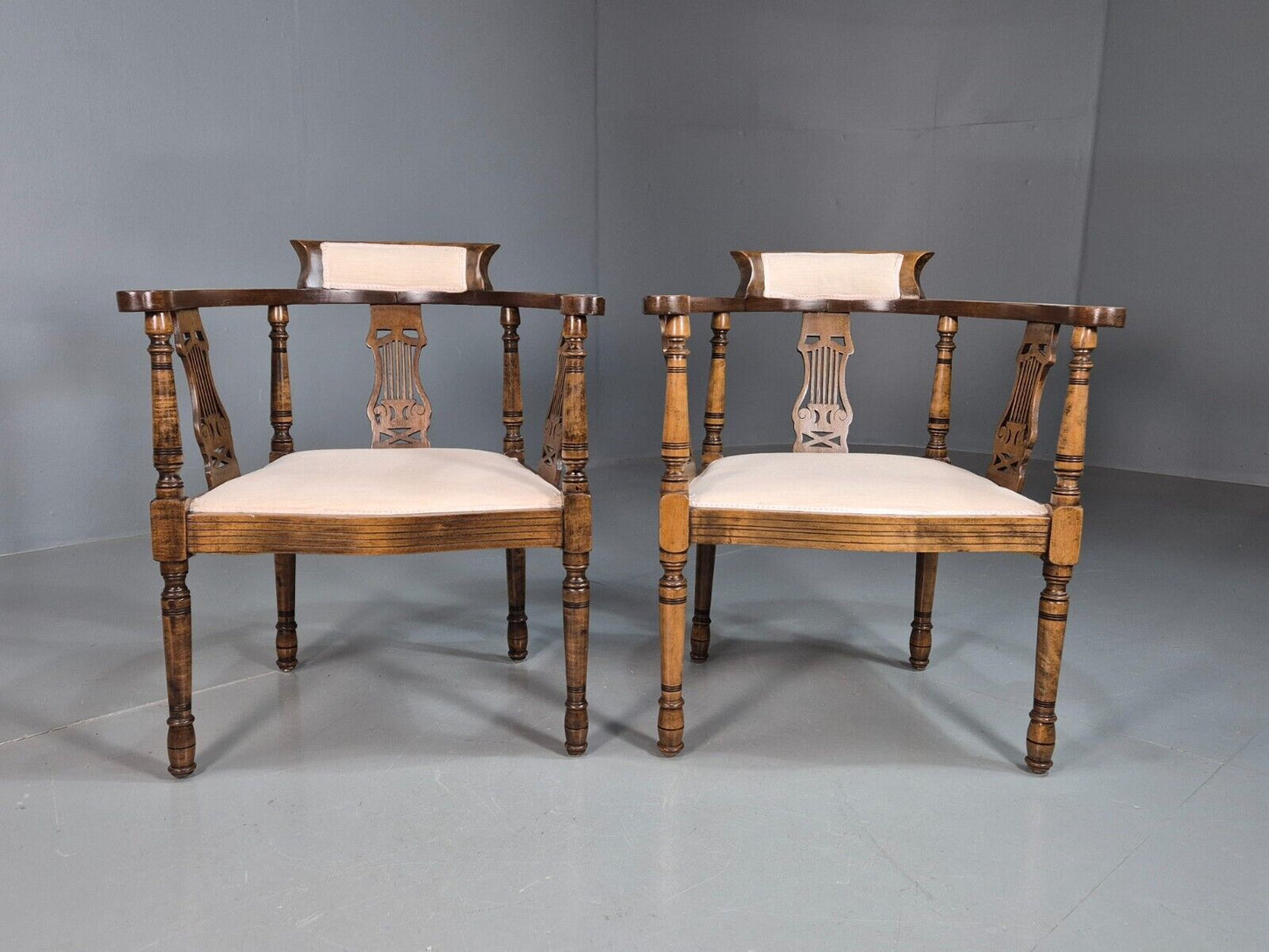 2 Vintage Lounge Chairs White Calico Fruitwood Inlay Edwardian EB8171 VCLO