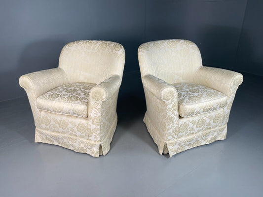 EB6757 2 Vintage Danish Lounge Chairs Ivory Cotton Antique Cottage Style VCLO