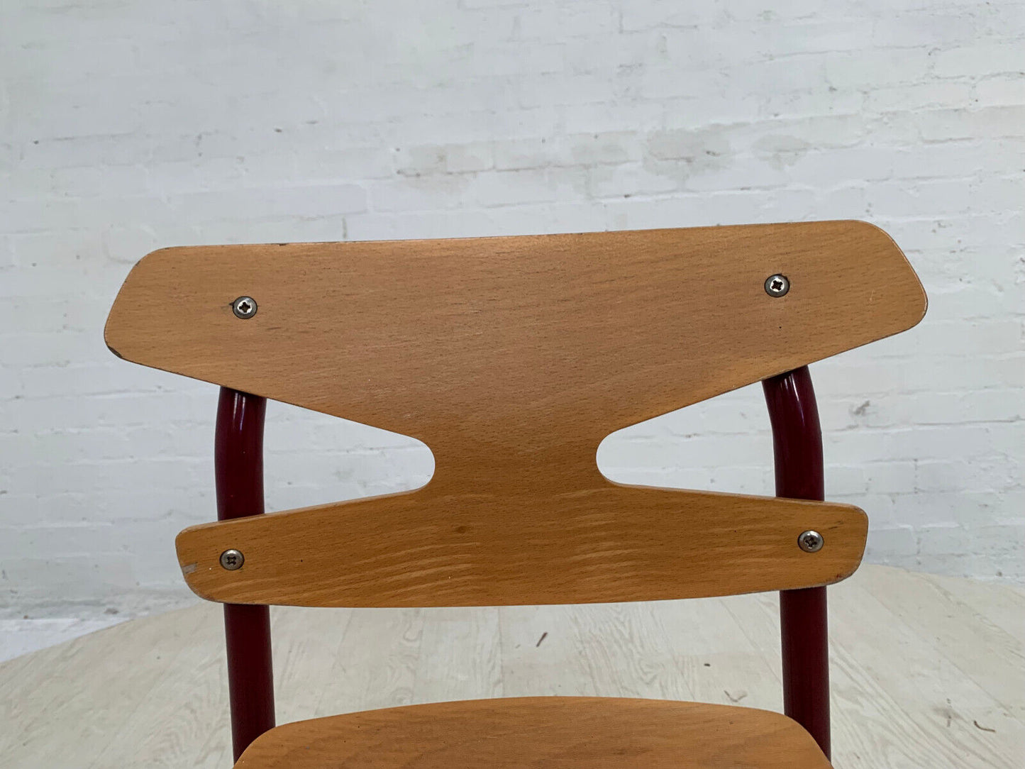 EB3636 Danish Beech & Burgundy Steel Childrens Stacking Chair Randers MSTA