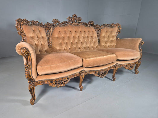 EB7115 Vintage French Antique Style 3 Seat Sofa Carved Frame Peach Velour V3SS