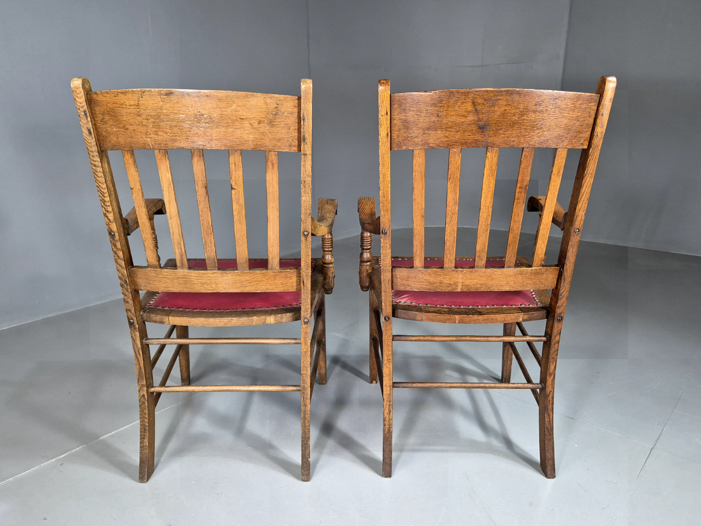 2 Vintage Elbow Chairs Red Leatherette Oak 1920s Retro EB7393 VLEA