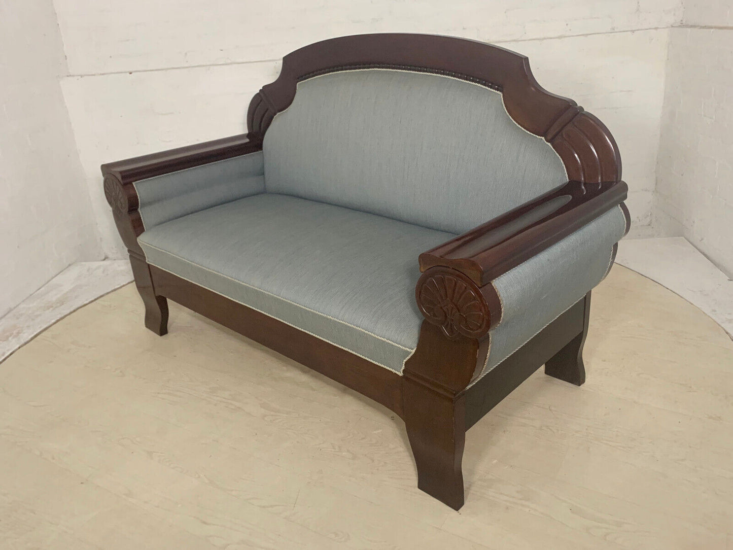 EB3785 Danish 1930s Mahogany & Light Blue Fabric Three Seater Sofa Vintage V3SS