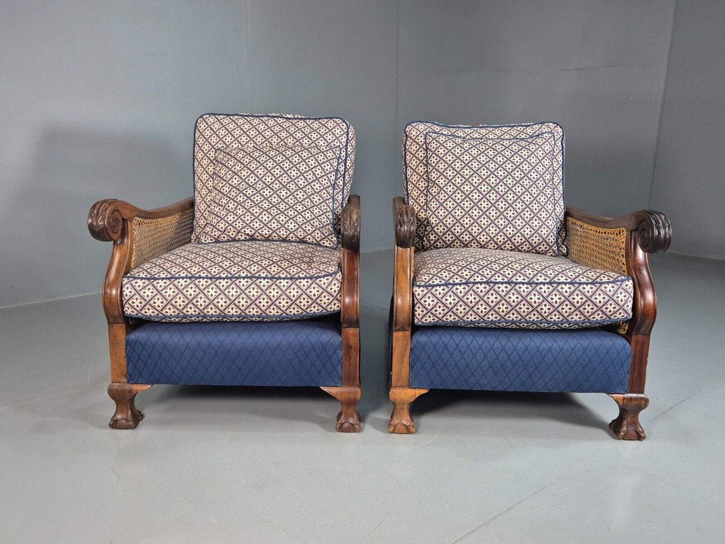 2 Vintage Lounge Chairs Blue Cream upholstery Bergere 1900s Antique EB7881 VBER