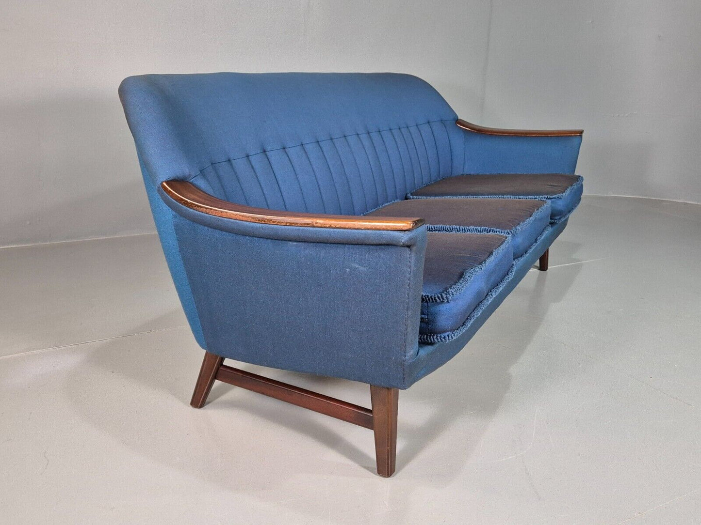 Vintage Swedish 3 Seat Sofa Blue Cotton Wood Arms 1960 Retro MCM EB7594 M3SS